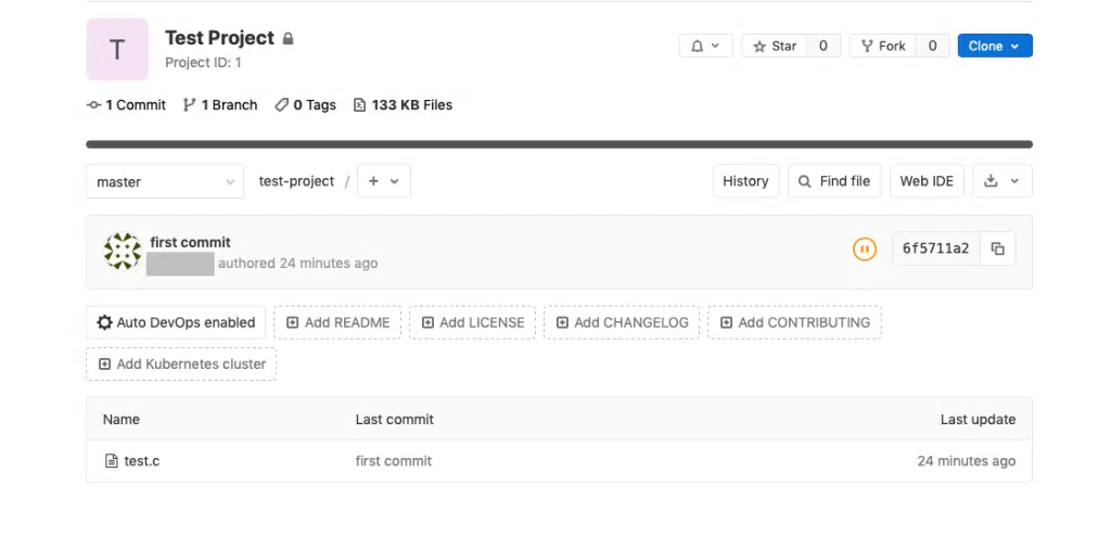 Test Project a 
Project ID: I 
1 Commit p 1 Branch O O Tags 
133 KB Files 
master 
test-project / 
Star 
History 
Q Fil 
first commit 
authored 24 minutes ago 
Auto Devops enabled : @ Add README 
@ Add Kubernetes cluster 
@ Add LICENSE 
@ Add CHANGELOG 
@ Add CONTRIBL 
